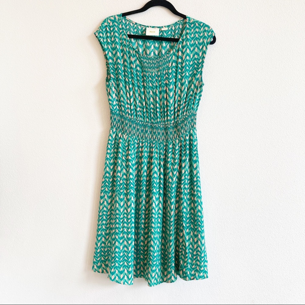 Anthropologie Maeve Evaline Green Smocking Dress Aline Chevron Size Small
